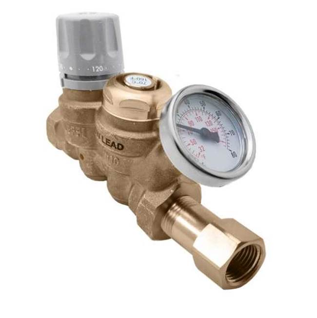Caleffi ThermoSetterAdjustable Thermal Balancing Valve 1'' FNPT w/140F thermal disinfection Cartridge w/ Pressure Gauge and Check With isolation valves