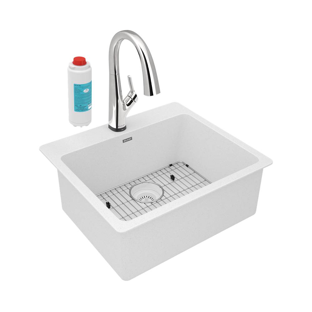 Elkay Quartz Classic 25'' x 22'' x 9-1/2'', Single Bowl Drop-in Sink Kit with Filtered Faucet, White