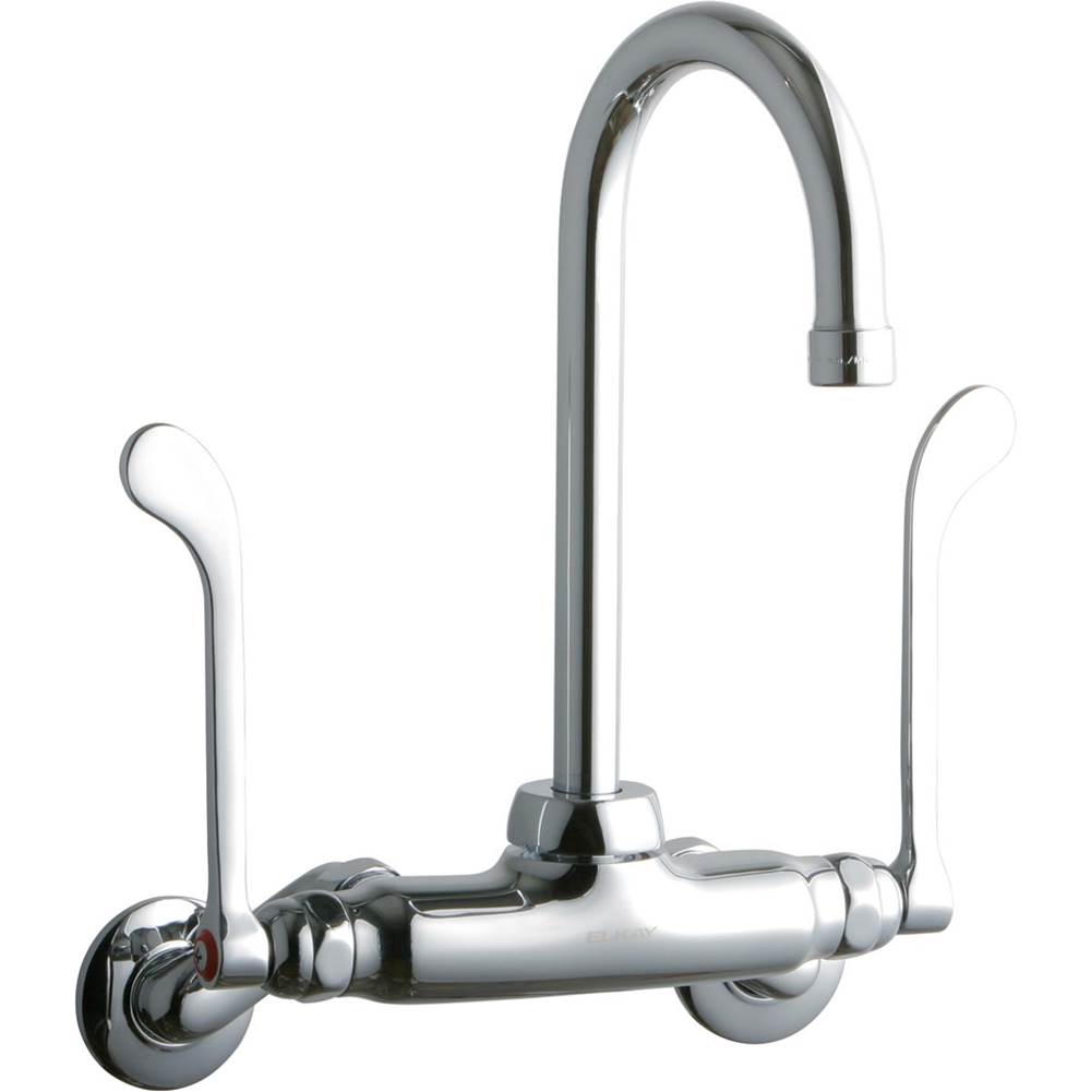 Elkay Foodservice 3-8'' Adjustable Centers Wall Mount Faucet w/5'' Gooseneck Spout 6'' Wristblade Handles 2in Inlet