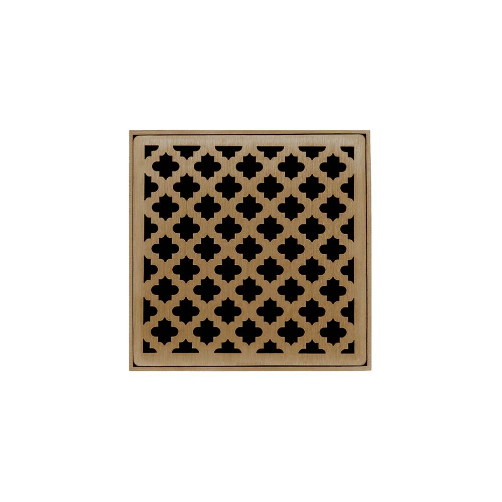 Infinity Drain 5'' x 5'' MDB 5 Complete Kit with Moor Pattern Decorative Plate in Satin Bronze with PVC Bonded Flange Drain Body, 2'', 3'' and 4'' Outlet