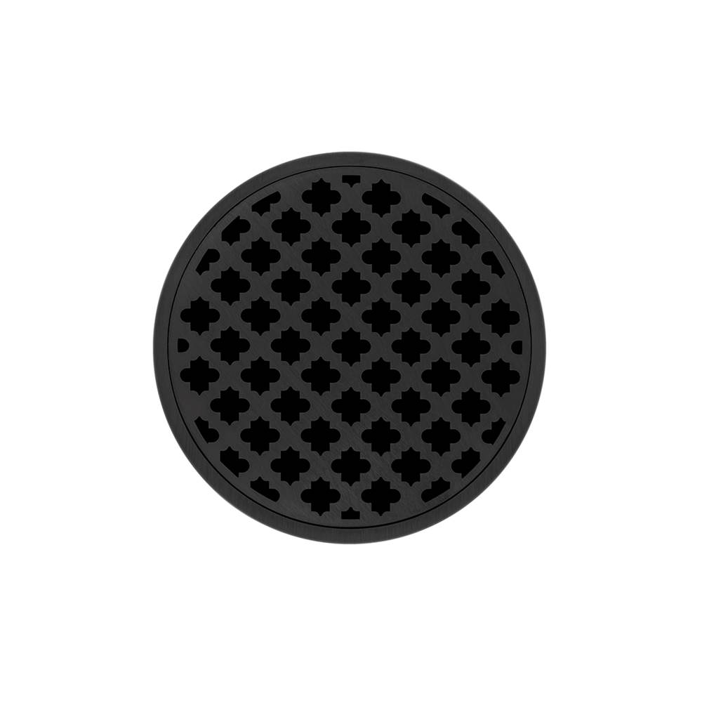 Infinity Drain 5'' Round RMD 5 High Flow Complete Kit with Moor Pattern Decorative Plate in Matte Black with ABS Drain Body, 3'' Outlet