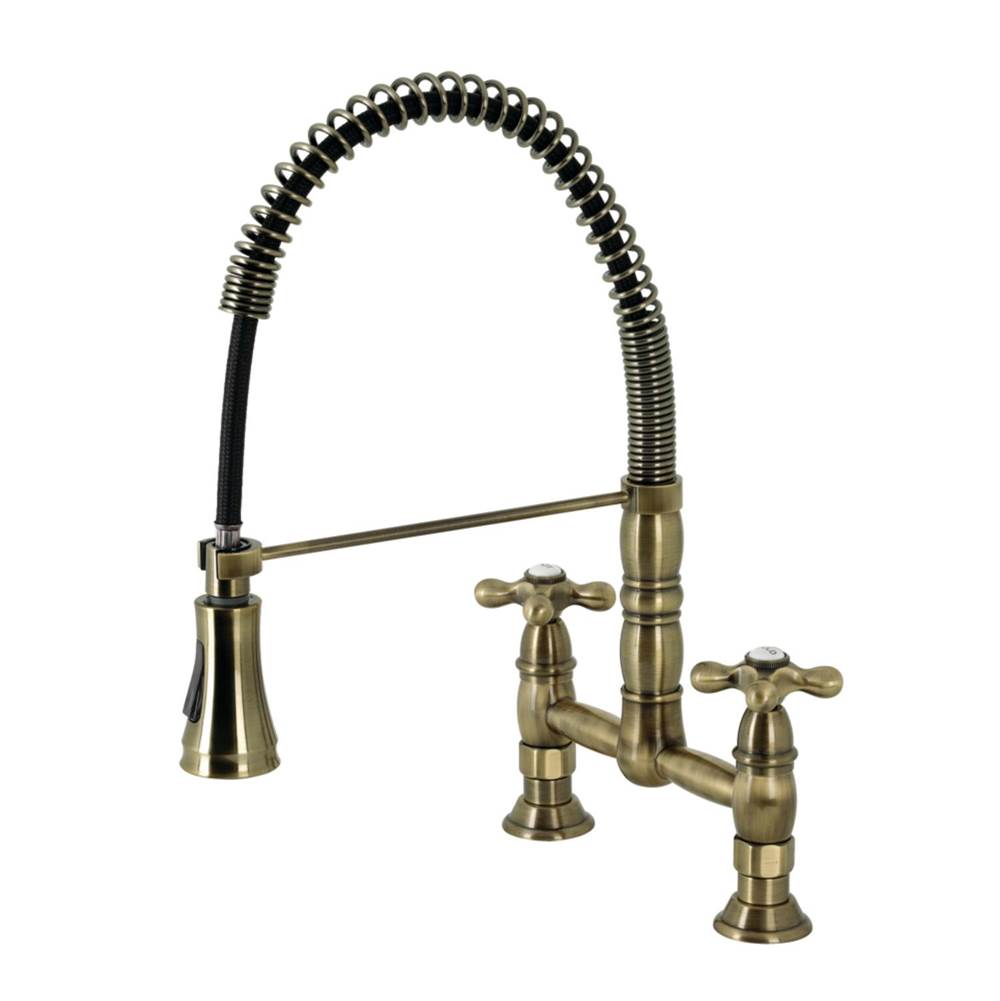 Kingston Brass Gourmetier Heritage Two-Handle Deck-Mount Pull-Down Sprayer Kitchen Faucet, Antique Brass