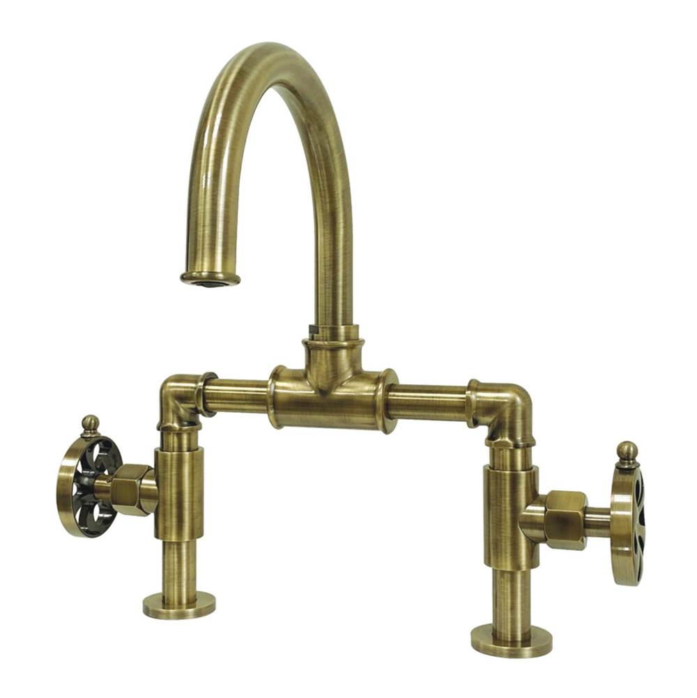 Kingston Brass Belknap Industrial Style Wheel Handle Bridge Bathroom Faucet with Pop-Up Drain, Antique Brass