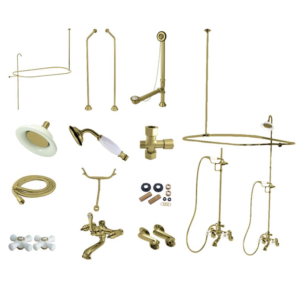 Kingston Brass Vintage Clawfoot Tub Faucet Package with Shower Enclosure, Brushed Brass