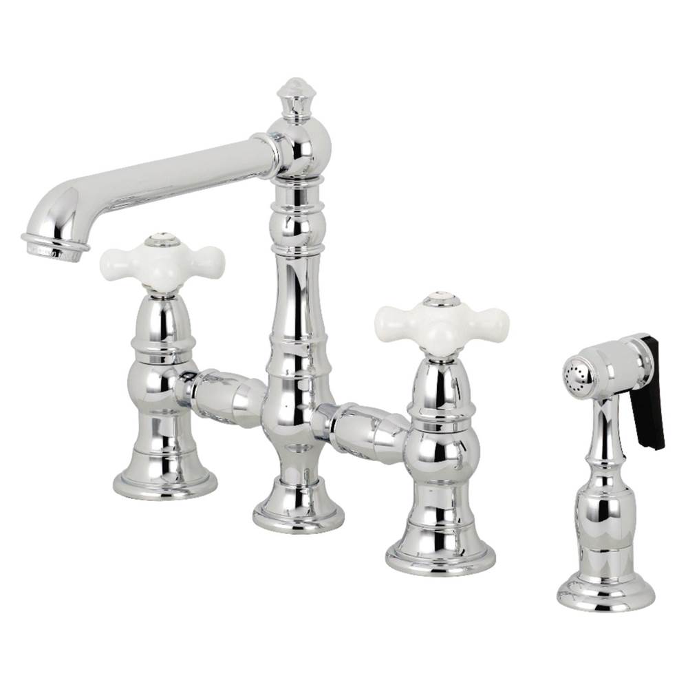 Kingston Brass English Country 8'' Bridge Kitchen Faucet with Sprayer, Polished Chrome