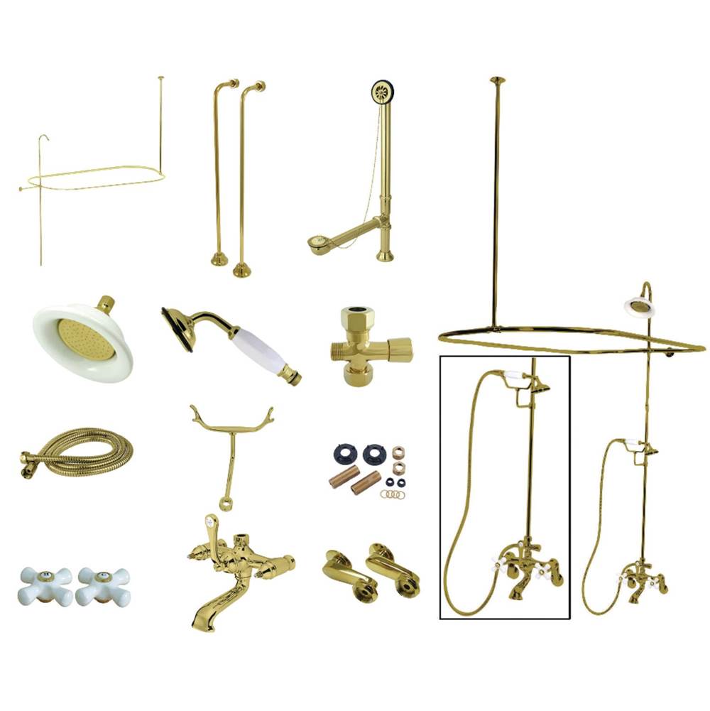 Kingston Brass Vintage Clawfoot Tub Faucet Package with Shower Enclosure, Polished Brass