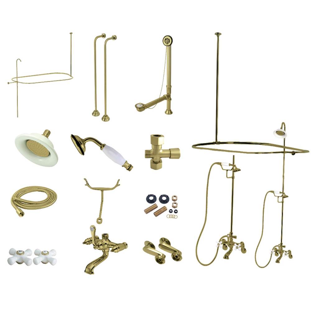 Kingston Brass Vintage Clawfoot Tub Faucet Package with Shower Enclosure, Brushed Brass