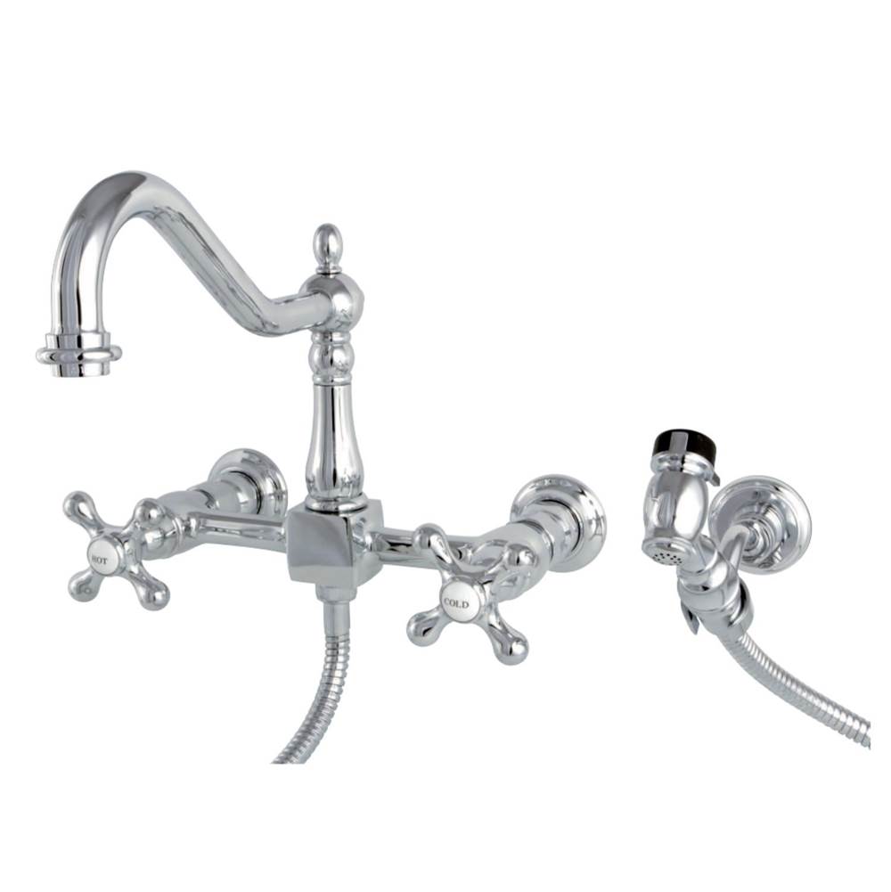 Kingston Brass Heritage Wall Mount Bridge Kitchen Faucet with Brass Spray, Polished Chrome
