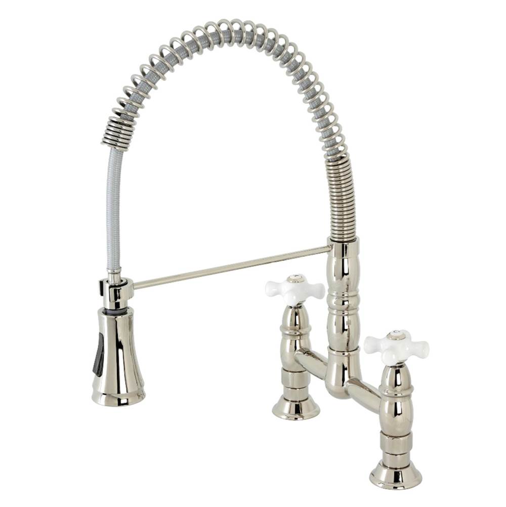 Kingston Brass Gourmetier Heritage Two-Handle Deck-Mount Pull-Down Sprayer Kitchen Faucet, Polished Nickel