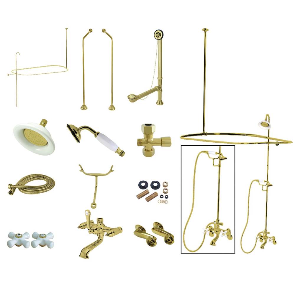 Kingston Brass Vintage Clawfoot Tub Faucet Package with Shower Enclosure, Polished Brass