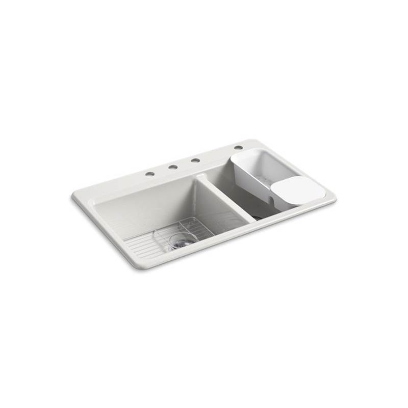 Kohler Riverby® 33'' x 22'' x 9-5/8'' top-mount large/medium double-bowl workstation kitchen sink with accessories and 4 faucet holes