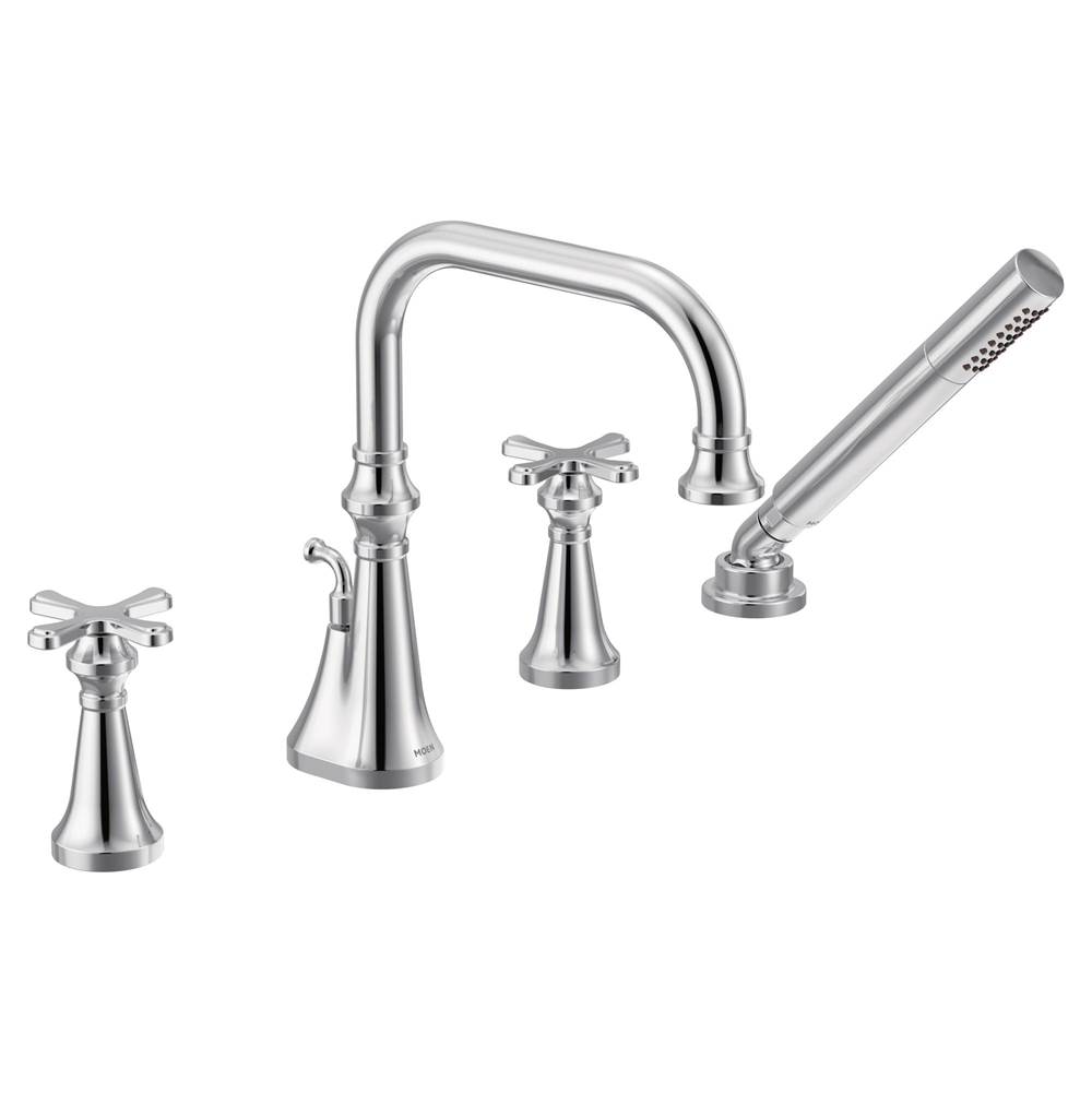 Moen Colinet Two Handle Deck-Mount Roman Tub Faucet Trim with Cross Handles and Handshower, Valve Required, in Chrome