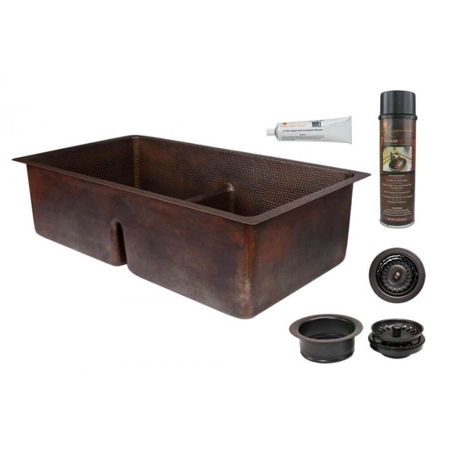 Premier Copper Products 33'' Hammered Copper Kitchen 50/50 Double Basin Sink with Short 5'' Divider w/ Matching Drains and Accessories