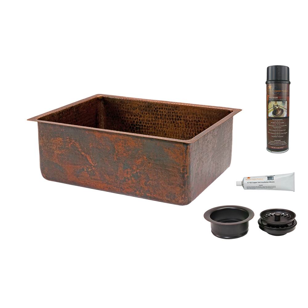 Premier Copper Products 25'' Hammered Copper Kitchen Single Basin Sink with Matching Drain and Accessories