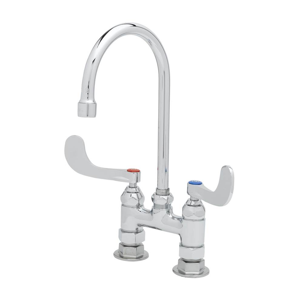 T&S Brass Double Pantry Faucet, 4'' c/c Deck Mount, Swivel Gooseneck, 4'' Wrist-Action Handles