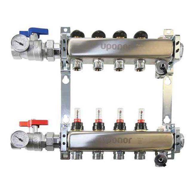 Uponor Stainless-Steel Manifold Assembly, 1 1/4'' With Flow Meter, B And I, Ball Valve, 7 Loops