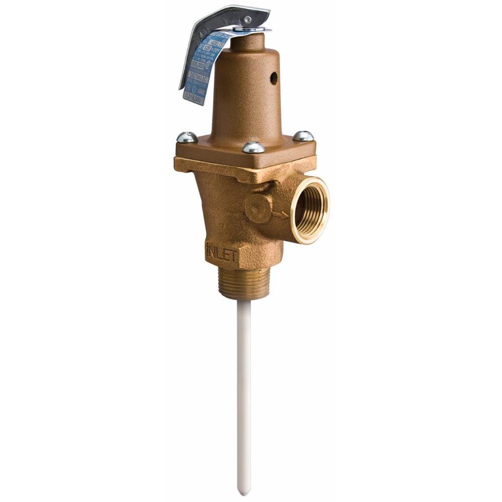 Watts 1 IN Lead Free Brass Automatic Reseating T and P Relief Valve, 125 psi, 210 degree F, Test Lever, 7 IN Extension Thermostat